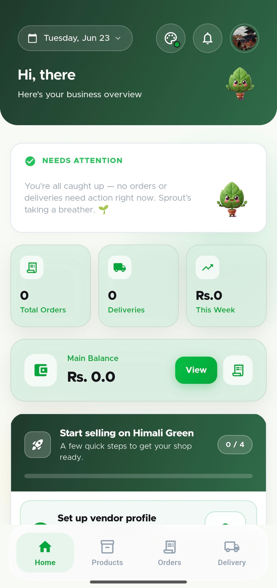 HimaliGreen Seller app dashboard showing orders, deliveries and balance at a glance